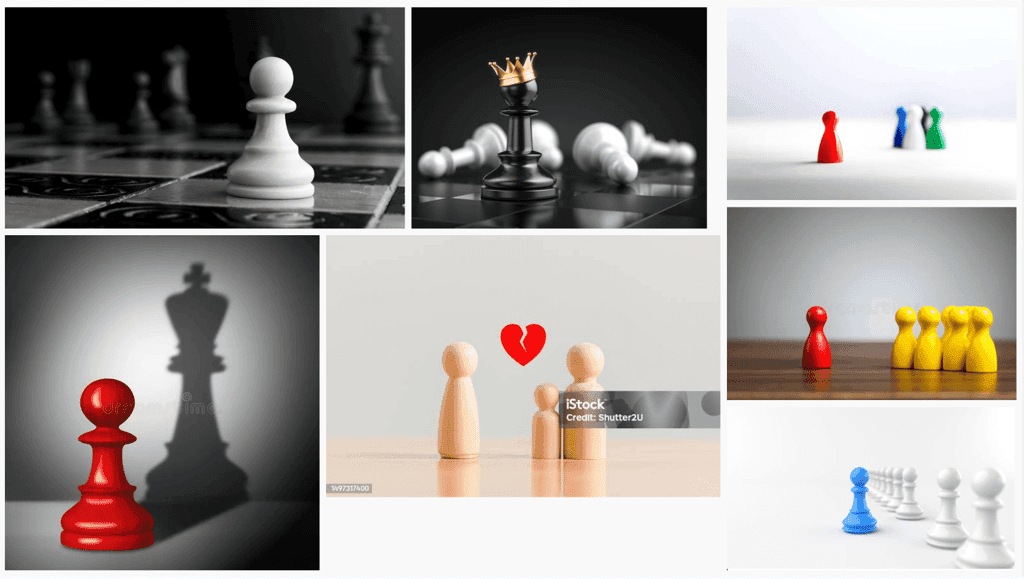 Pawn-themed imagery mood board exploring leadership and individuality concepts