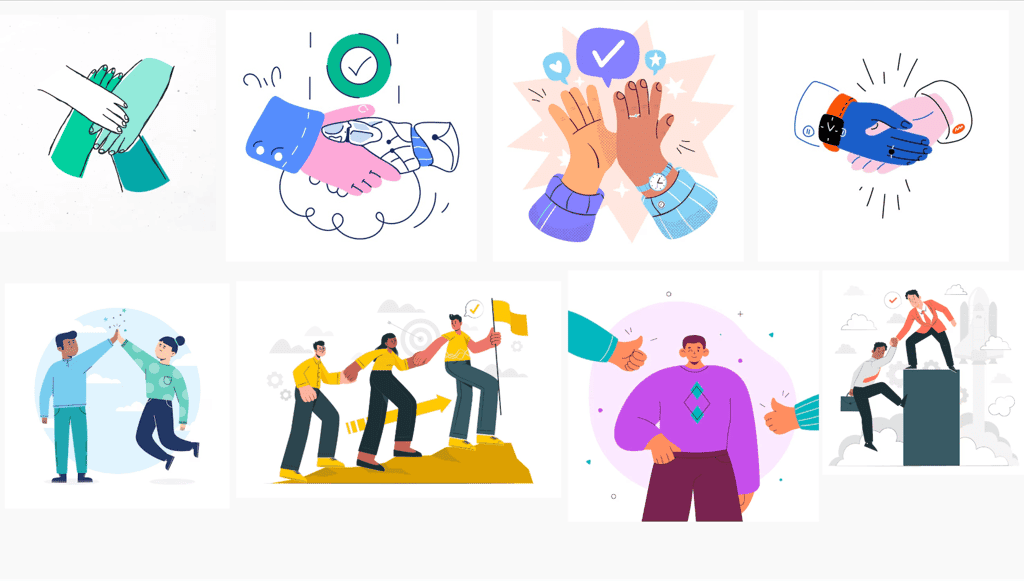 Illustrated corporate learning imagery mood board with teamwork and leadership scenes