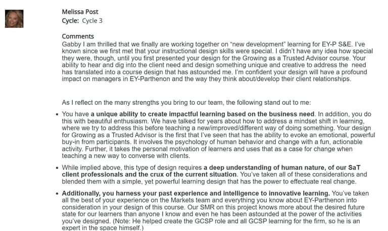 Screenshot of Melissa Post's original testimonial for Gabrielle Sun