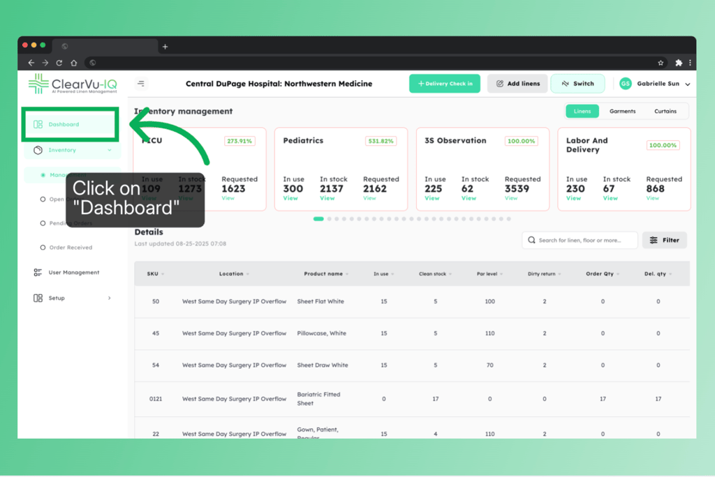 ClearVu in-app tutorial highlighting the Dashboard navigation