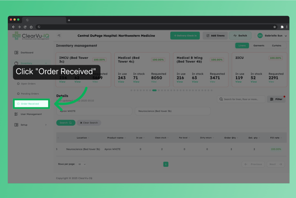 ClearVu tutorial highlighting Order Received navigation